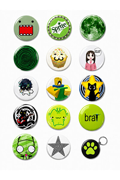 Punky Store Trend-18-15'li Yeşil Anime Kawaii Punky Design Rozet Seti Karakte...