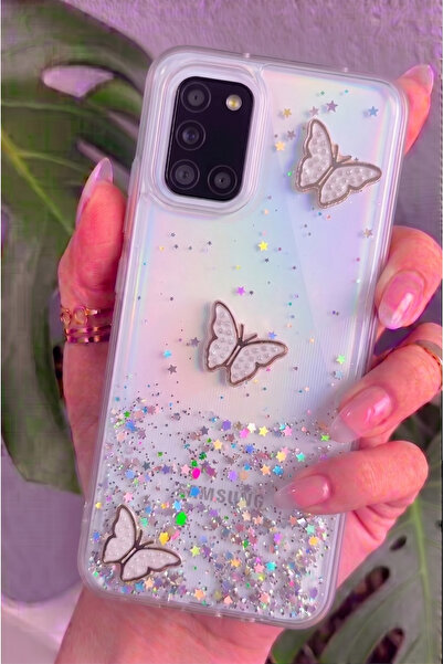 Rivor Samsung Galaxy A51 Uyumlu Kılıf Kamera Çıkıntılı Simli Kelebek Kabartma...