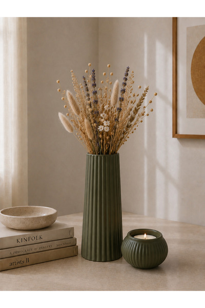 TACTIC Vază decorativă modernă din piatră cu dungi verzi (18 cm) și set de su...