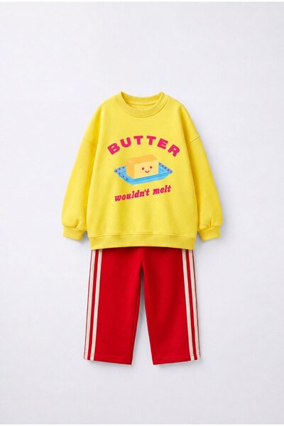 Magu Children's Cotton Yellow Printed Sweatshirt and Red Striped Pants Set
