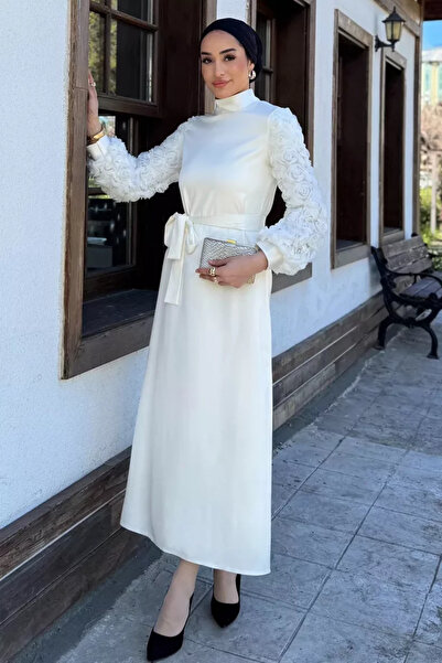 TOZLU Women's Satin Evening Dress with Rose Figures on the Sleeves and Waist ...