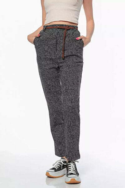 TOZLU Women's High Waist Self Patterned Belted Winter Pants