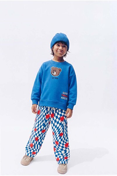Magu Children's Teddy Bear Printed Blue Sweatshirt and Patterned Sweatpants Set