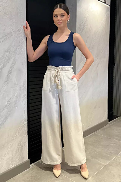 TOZLU Women's High Waist Straw Belt Detailed Palazzo Linen Trousers