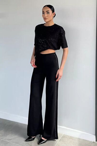TOZLU Women's Elastic Waist Stone Embroidered Lycra Trousers