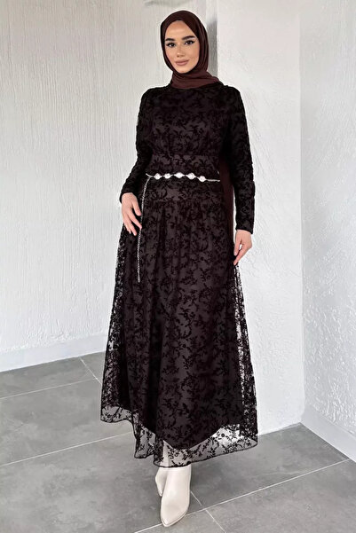 TOZLU Women's Lined Flocked Printed Hijab Dress