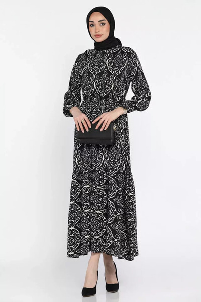 TOZLU Patterned Waist Tie Hijab Viscose Dress