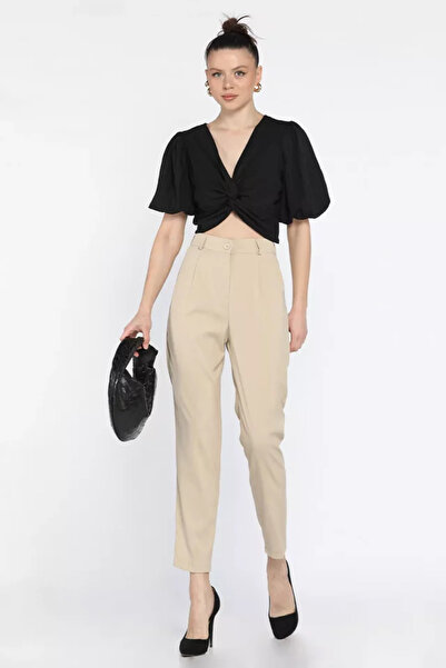 TOZLU Women's High Waist Fabric Trousers