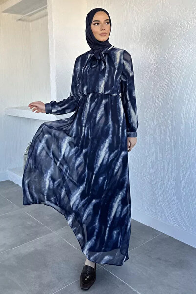 TOZLU Patterned Chiffon Hijab Dress with Elastic Waist