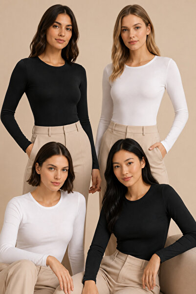 Nymora Women's 4-Pack Crew Neck Long Sleeve Cotton Flexible Basic T-Shirt 2 W...