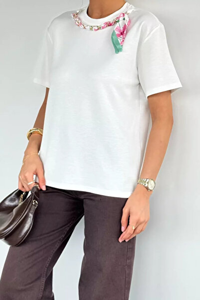 TOZLU Gülseli Women's T-Shirt with Scarf Collar