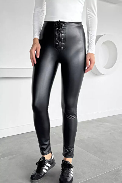 TOZLU Women's Raised Waist Lace-Up Detailed Leather Leggings