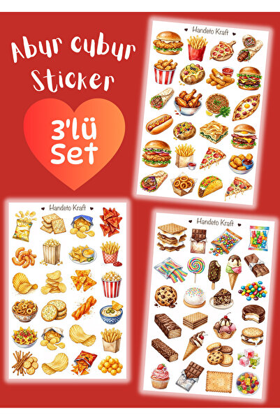 Handeto Kraft 3'lü Abur Cubur Sticker Set, Çıkartma, Scrapbook, Bullet Journa...