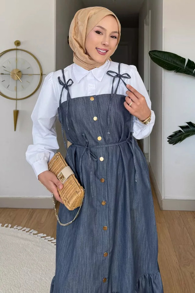 TOZLU Gülseli Buttoned and Tied Detailed Embellished Hijab Dress