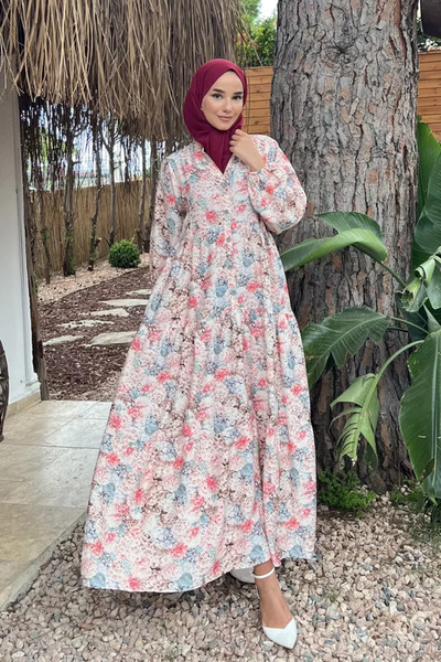 TOZLU Patterned Summer Hijab Dress with Elasticated Sleeves and Front Button ...