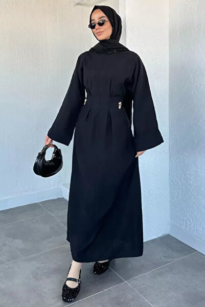 TOZLU Pleated Hijab Dress with Gold Buckle Detail and Waist Belt