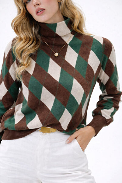 EMR Online Women's Brown Green Ecru Diamond Patterned Turtleneck Knitwear Swe...