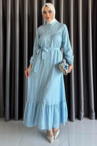 TOZLU Buttoned Ruffled Waist Belt Detailed Hijab Dress