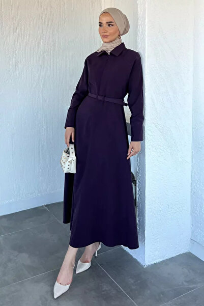 TOZLU Polo Collar Front Zipper Belt Accessory Hijab Dress