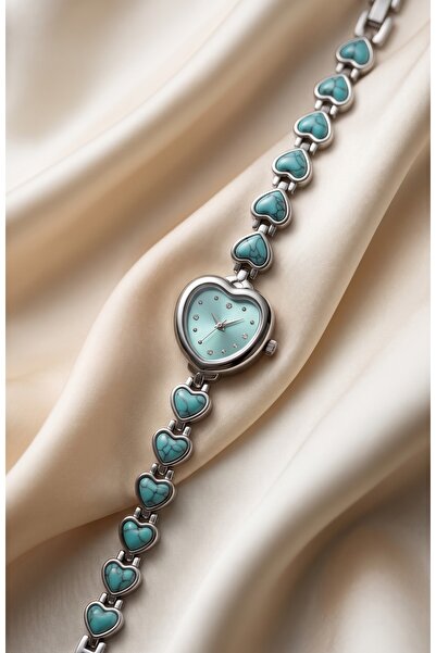 KLISHE Butik Women's Steel Watch Silver & Turquoise Heart Design Vintage Watc...