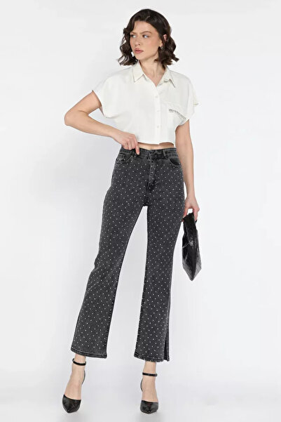 TOZLU Pantaloni de damă din denim cu talie înaltă, cu broderie cu pietre și d...