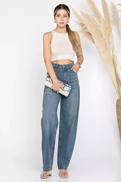 TOZLU High Waist Belt Detailed Women's Jean Denim Trousers