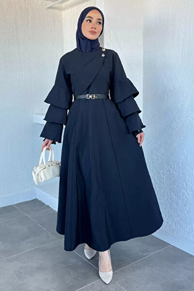 TOZLU Gold Button Detailed Ruffled Belt Accessory Hijab Dress