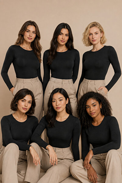 Nymora Women's 6-Piece Crew Neck Long Sleeve Cotton Flexible Basic T-Shirt Black