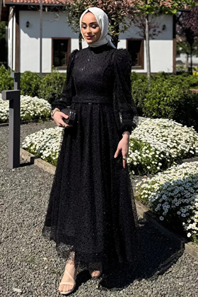 TOZLU Women's Tulle Sequin Bead Embroidered Hijab Evening Dress