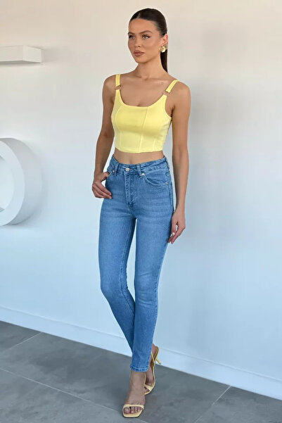 TOZLU Pantaloni de damă din denim cu talie înaltă