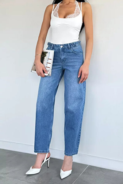 TOZLU Pantaloni de damă cu talie înaltă, cu detaliu curea, din denim, stil Pa...