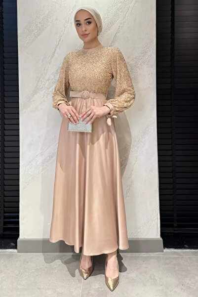 TOZLU Stone Embellished Belted Hijab Satin Evening Dress