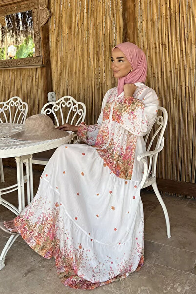 TOZLU Patterned Summer Hijab Dress with Elasticated Sleeves and Front Button ...