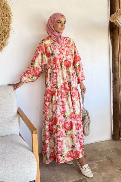 TOZLU Patterned Summer Hijab Dress with Elasticated Sleeves and Front Button ...