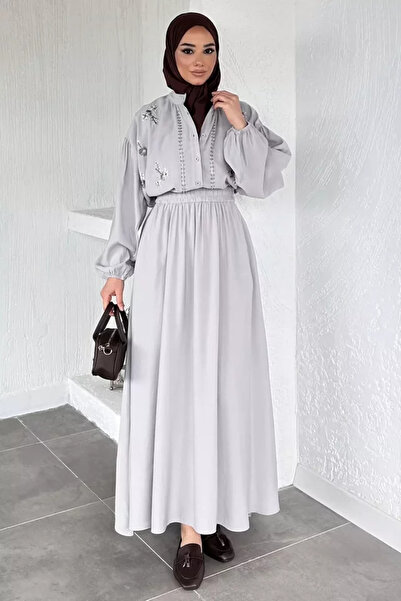 TOZLU Beaded Shirt Skirt Hijab Two-Piece Set