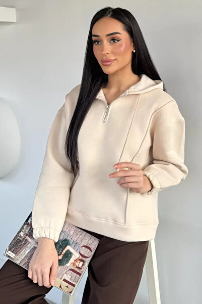 TOZLU Half-Zip Three-Thread Ribbed Women's Sweatshirt