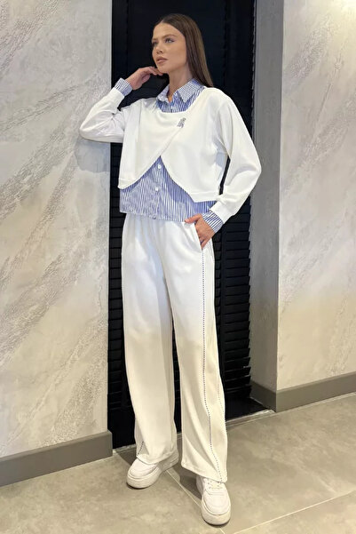 TOZLU Women's Shirt Garnished Blouse Palazzo Trousers Two-Piece Set