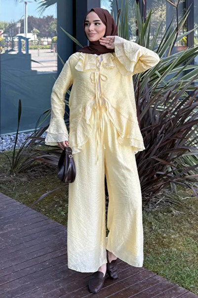 TOZLU Elastic Waist Pants, Ruffled Jacket, Hijab, Two-Piece Set