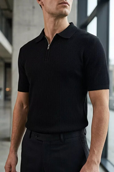 TOZLU Men's Polo Collar Half Zip Knitwear T-Shirt