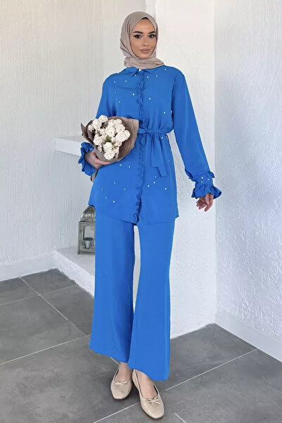 TOZLU Hijab Waist Belted Stoned Tunic Pants Double Set