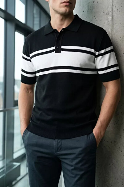 TOZLU Men's Polo Collar Color Striped Knitwear T-Shirt