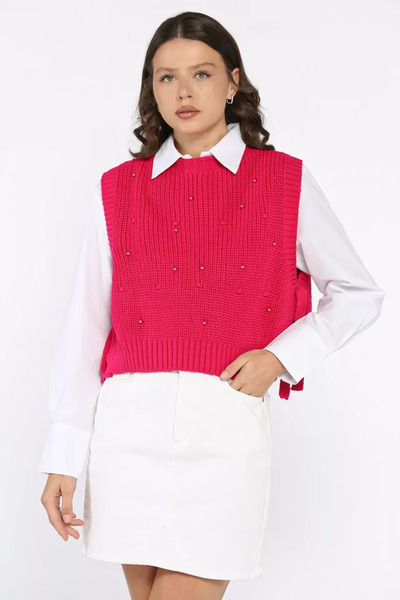 TOZLU Side-Tie Pearl-Embellished Knit Sweater (Available in Sizes S-M-L-Xl)