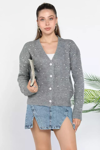 TOZLU Women's Pearl and Stone Knitwear Cardigan