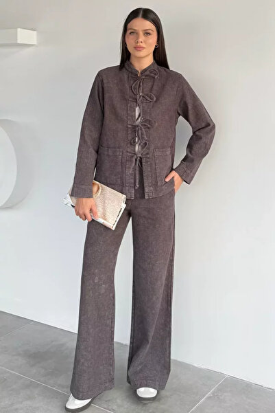 TOZLU Women's Front Lace-Up Jacket and Pants Two-Piece Set
