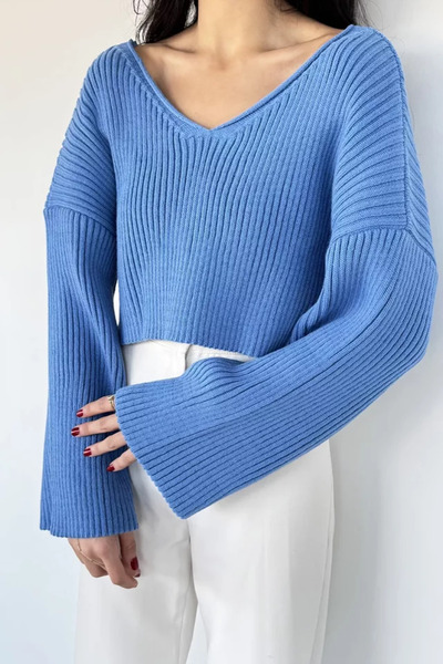 TOZLU V-Neck Crop Top Loose Knit Blouse
