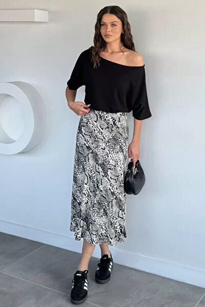 TOZLU Fusta de damă din satin cu model și talie elastică