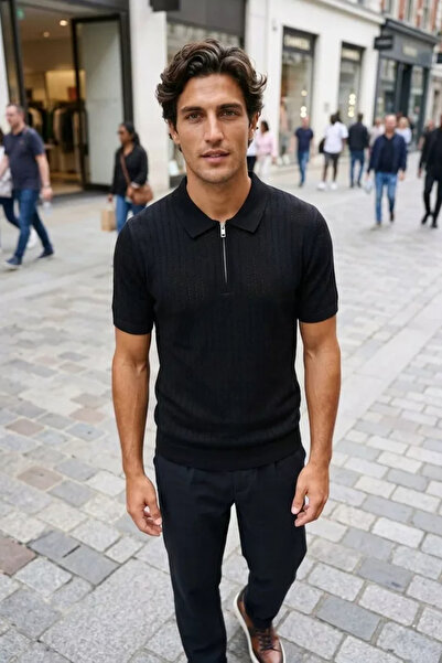 TOZLU Polo Collar Half Zipper Men's Knitwear T-Shirt