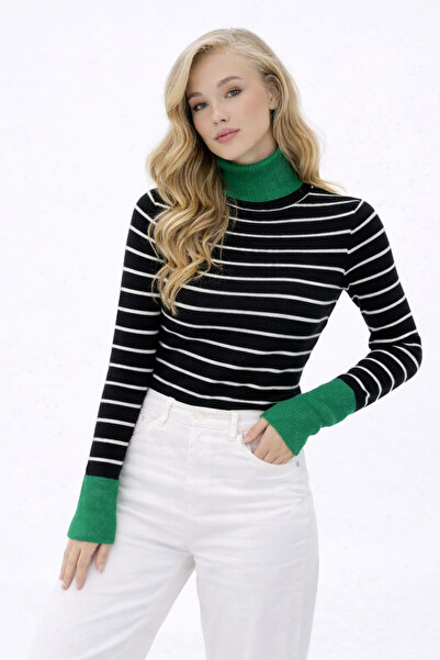 H&E LUXURY DESIGN Women's Black Ecru Striped Green Detailed Turtleneck Knitwe...