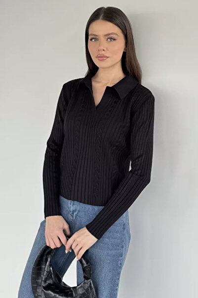 TOZLU Women's Polo Collar Knitwear Blouse (Fits Sizes S-M-L)