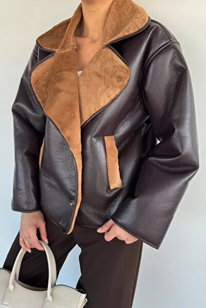TOZLU Women's Double-Breasted Collar Coat with Plush Inside
